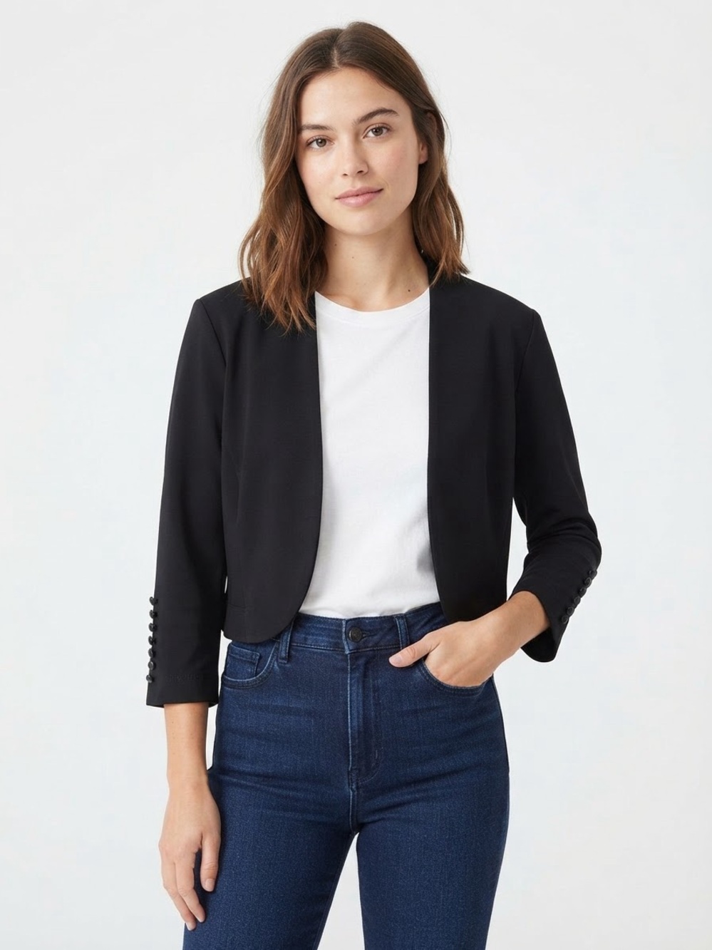 Joseph Ribkoff Open Front Cropped Bolero Jacket Black Size 10 Minimalist Classic